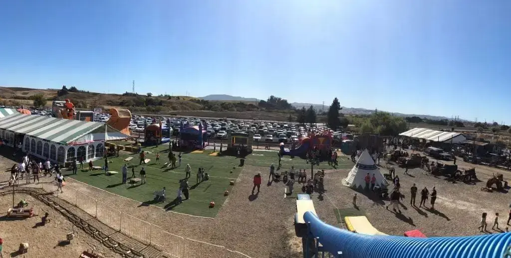 Aerial view of the Pronzini Farms pumpkin patch layout in Petaluma